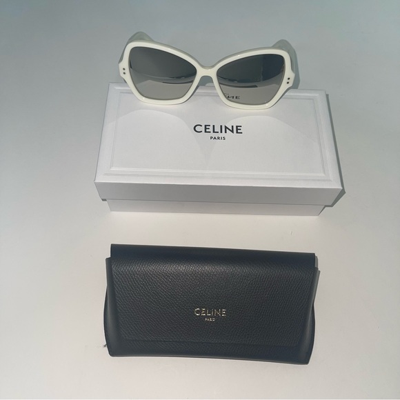 New Authentic CELINE Ivory With Smoke Mirror 56mm Mirrored Butterfly Sunglasses - Picture 7 of 16